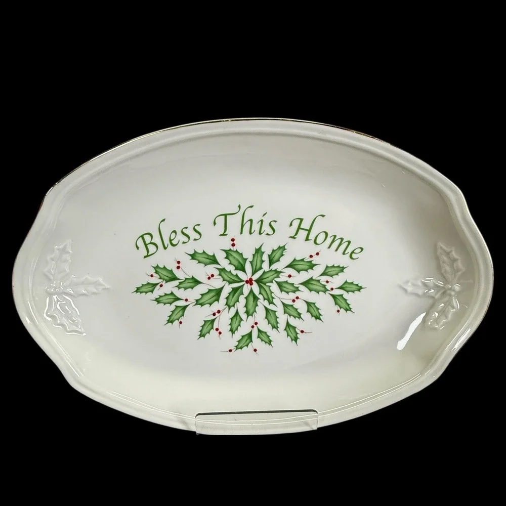 Lenox Holiday Christmas‎ Serving Tray Oval Plate Bless This Home Holly Berry Box
